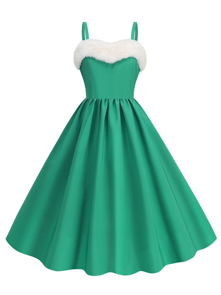 1950er Solide Weihnachten Pelzkragen Kleid