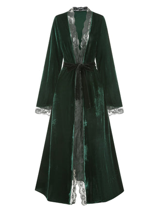 Dunkelgrün 1970er Spitze Samt Lounge-Nachtmantel