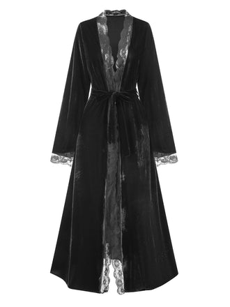 Schwarz 1970er Spitze Samt Lounge-Nachtmantel