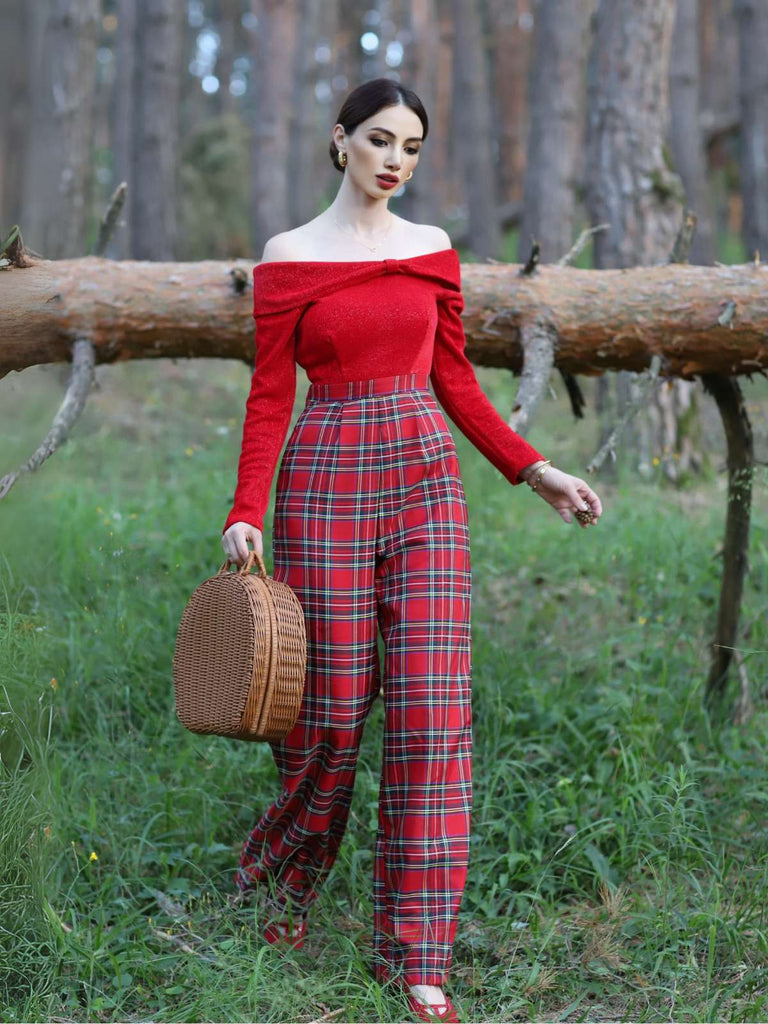 Rot 1950er Schulterfrei Plaids Jumpsuit
