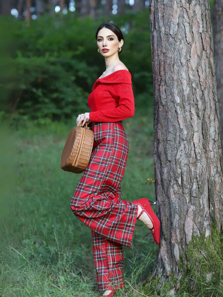 Rot 1950er Schulterfrei Plaids Jumpsuit