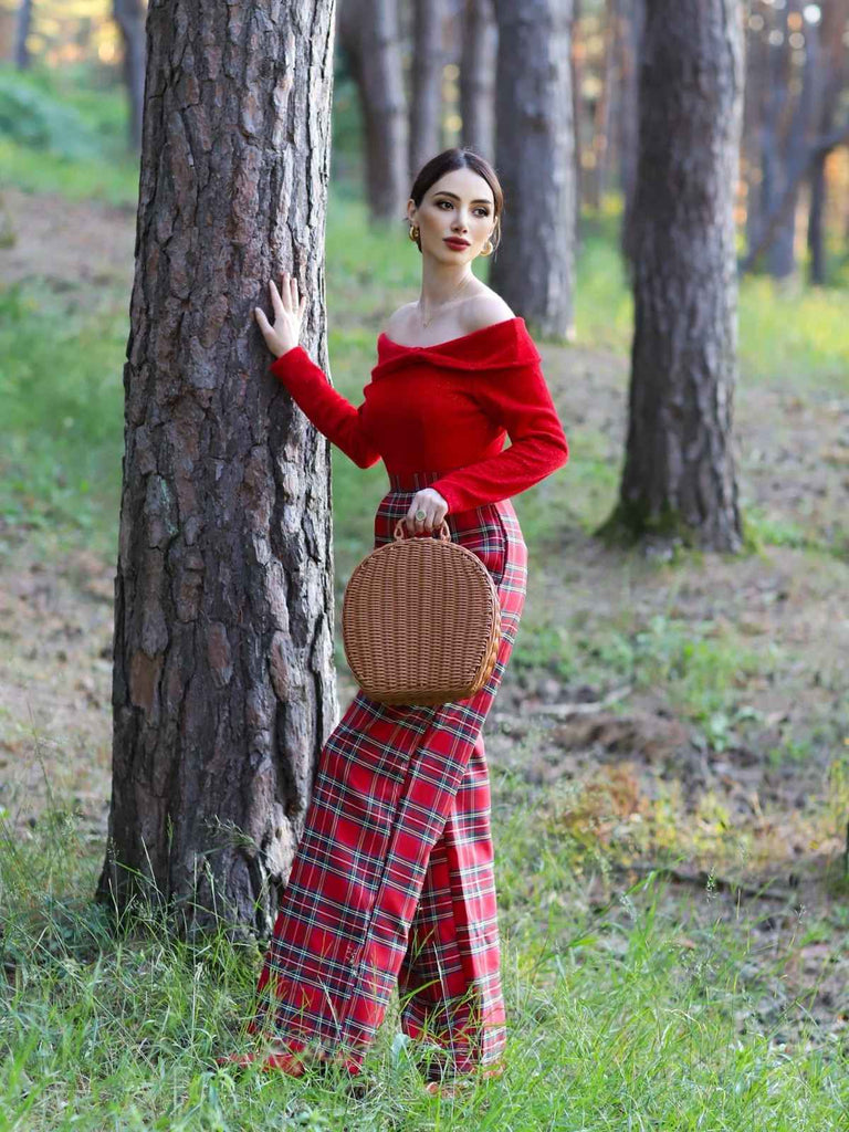 Rot 1950er Schulterfrei Plaids Jumpsuit