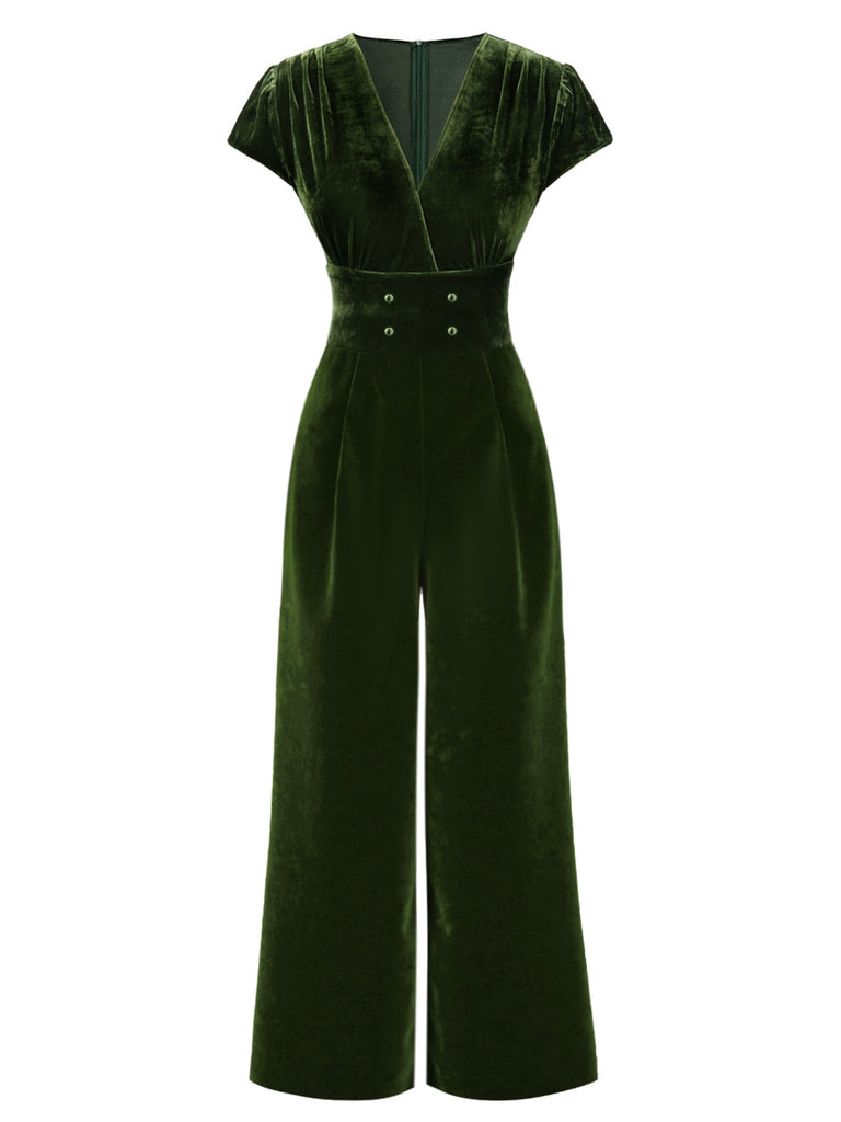 Grün 1930er V-Ausschnitt Samt Solide Jumpsuit