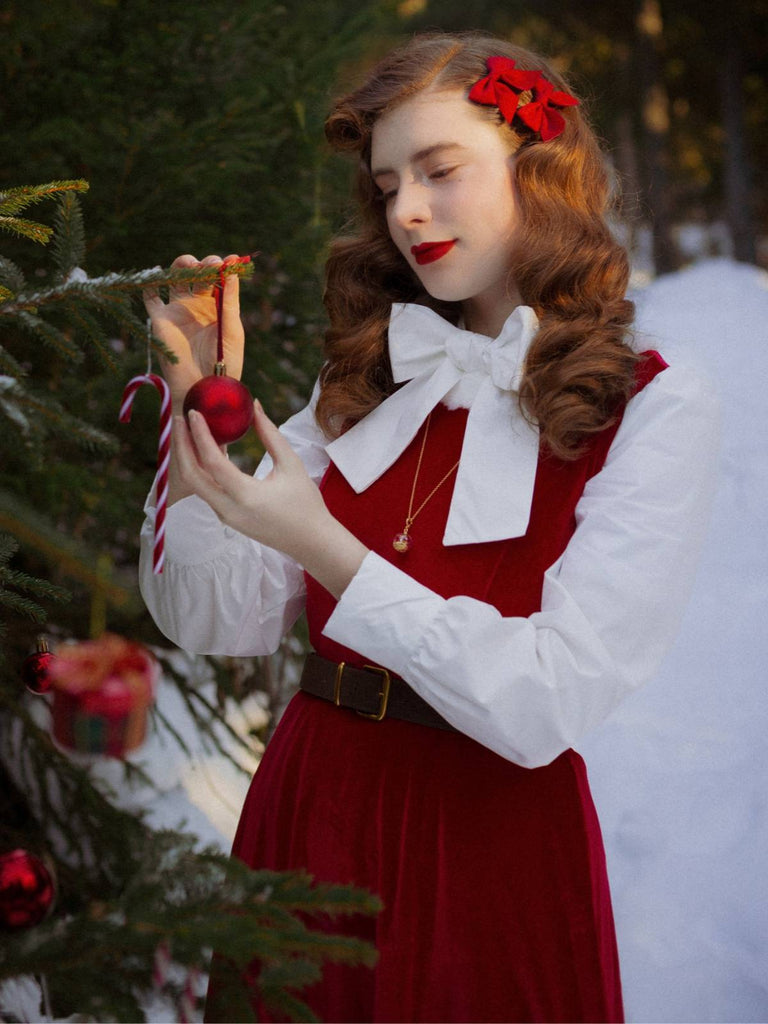 Rot 1950er Pelzkragen Patchwork Samt Kleid