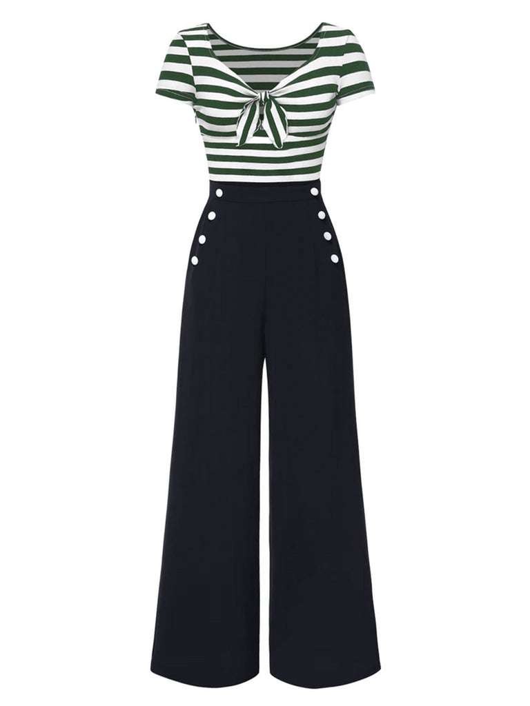 Blau 1950er Hohl Bogen Streifen Patchwork Jumpsuit