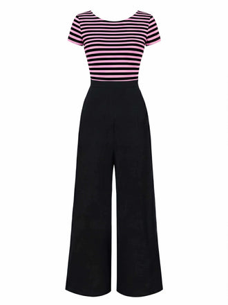 [Vorverkauf] Rosa 1950er Hohl Bogen Streifen Patchwork Jumpsuit