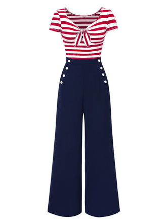 [Vorverkauf] Rot 1950er Hohl Bogen Streifen Patchwork Jumpsuit