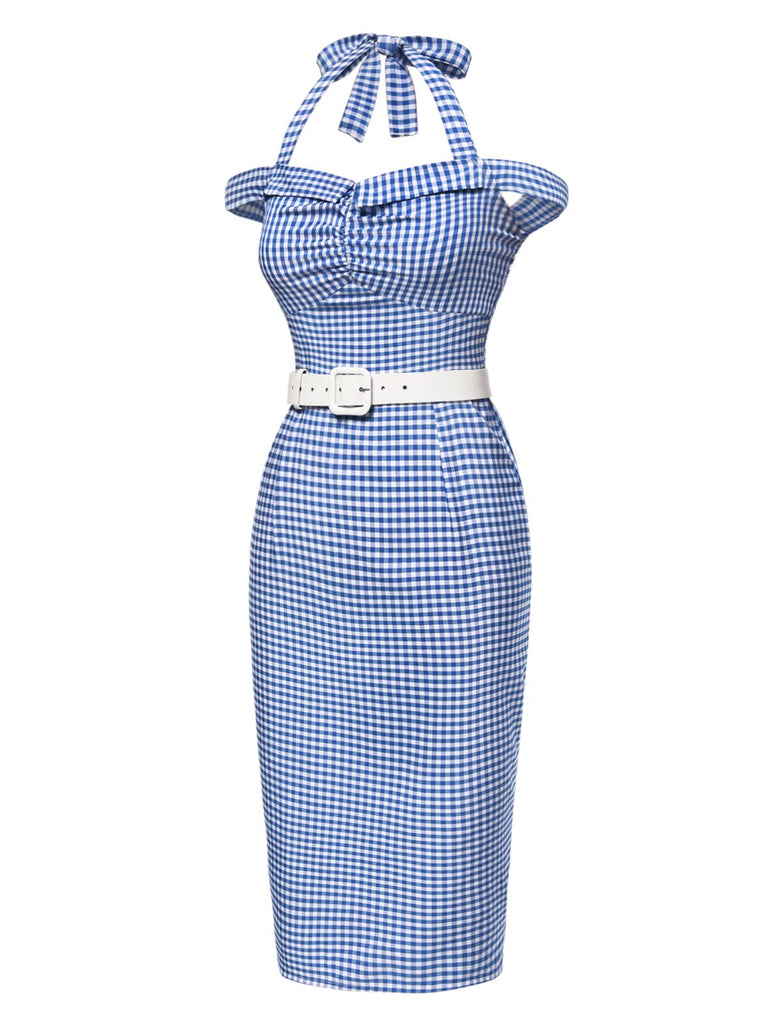 Blau 1960er Halter Eine Schulter Plaid Bleistift Kleid
