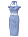 Blau 1960er Halter Eine Schulter Plaid Bleistift Kleid