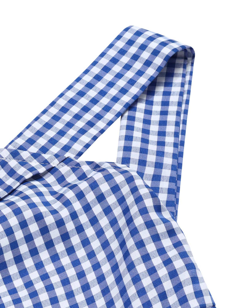 Blau 1960er Halter Eine Schulter Plaid Bleistift Kleid