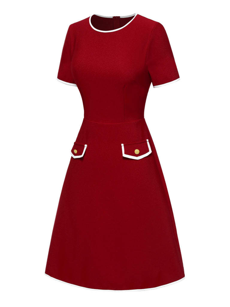 Rot 1960er Solide Tasche Kleid