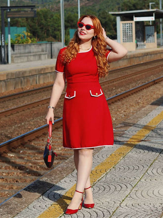 Rot 1960er Solide Tasche Kleid