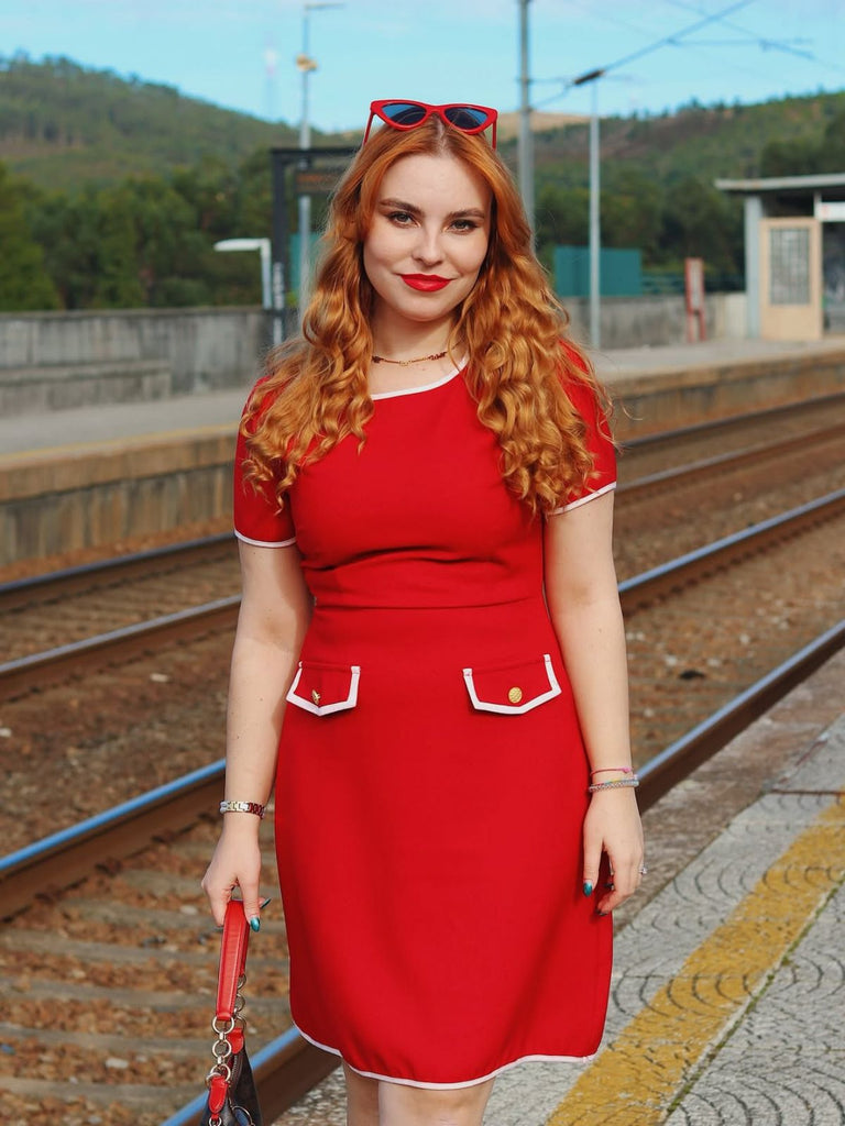 Rot 1960er Solide Tasche Kleid