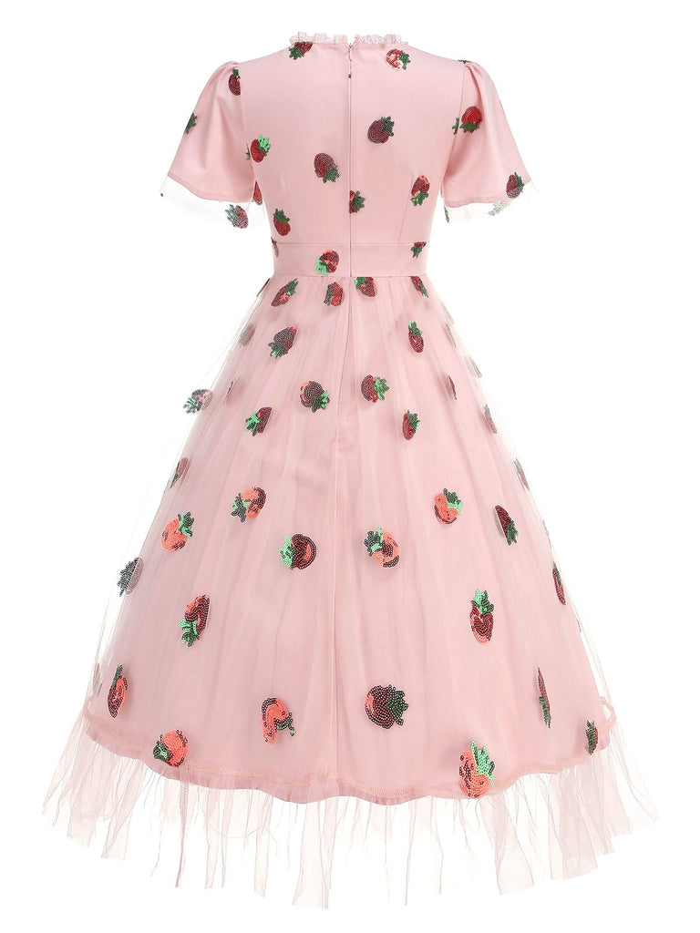 Rosa 1950er V-Ausschnitt Erdbeere Netz Swing Kleid