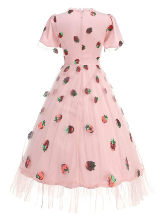 Rosa 1950er V-Ausschnitt Erdbeere Netz Swing Kleid