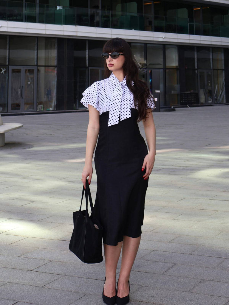 Schwarz 1930er Dots Krawattenhals Meerjungfrauenkleid