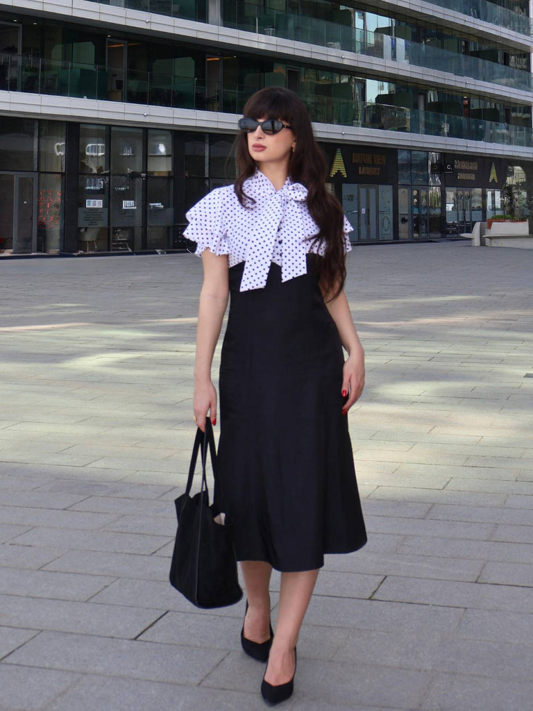 Schwarz 1930er Dots Krawattenhals Meerjungfrauenkleid