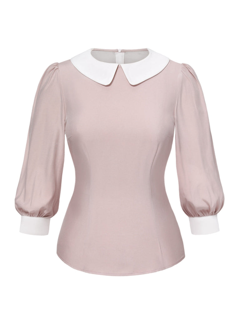 Rosa 1940er Farbblock Peter Pan Kragen Bluse