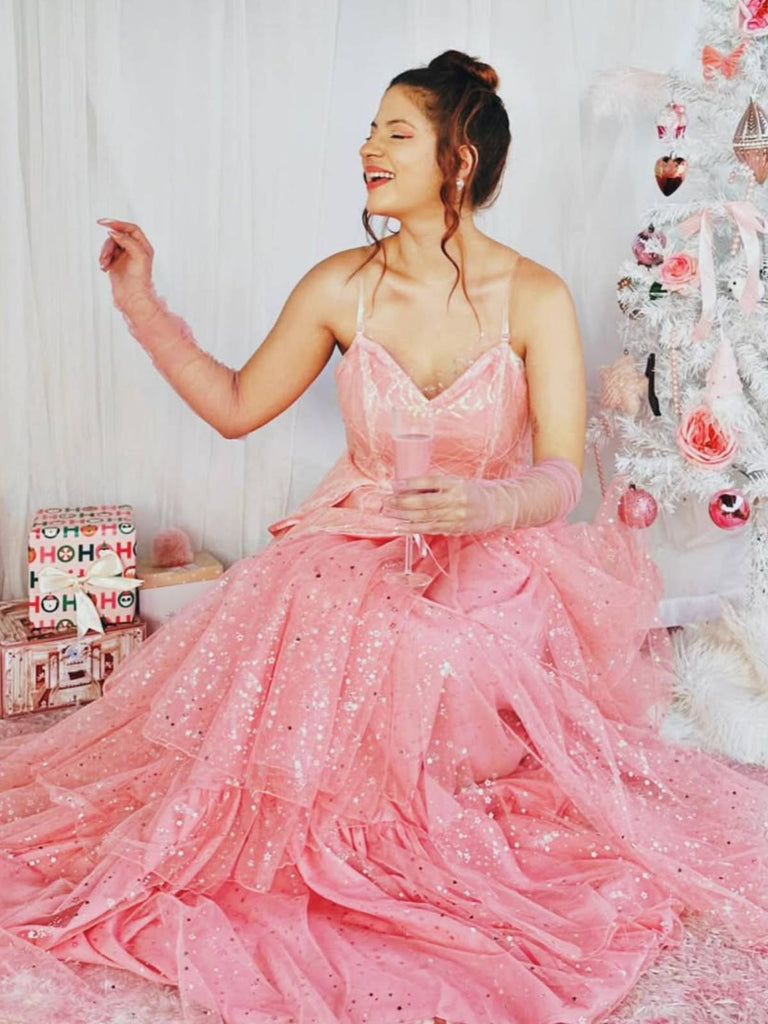 Rosa 1950er Glinda Wicked Glitter Netz Swing Kleid