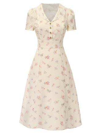 Beige 1940er Baumwolle Puffärmel Revers Blumen Kleid