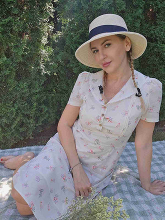 Beige 1940er Puffärmel Revers Blumen Kleid