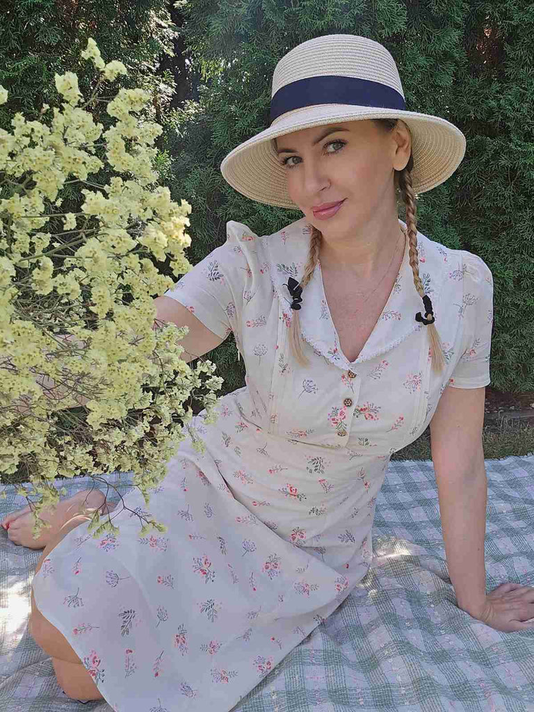 Beige 1940er Puffärmel Revers Blumen Kleid