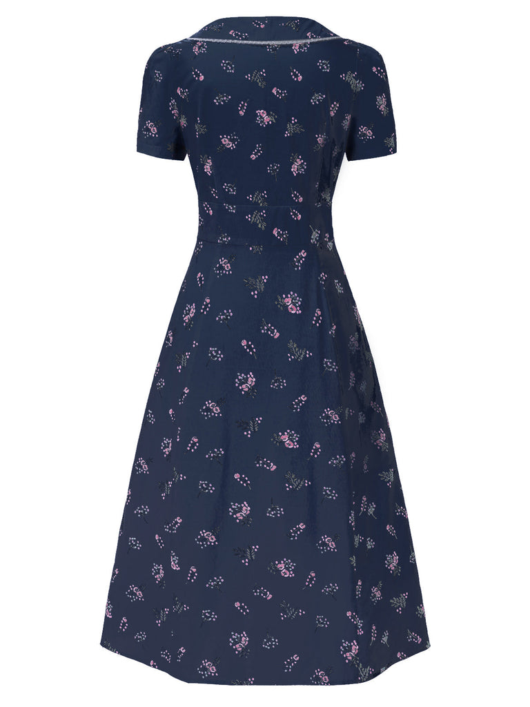 Blau 1940er Baumwolle Puffärmel Revers Blumen Kleid