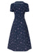 Blau 1940er Baumwolle Puffärmel Revers Blumen Kleid