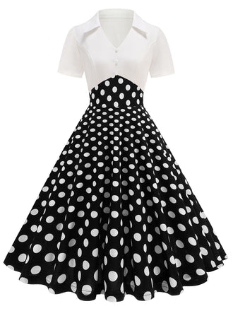 Schwarz 1950er Revers Polka Dots Patchwork Swing Kleid