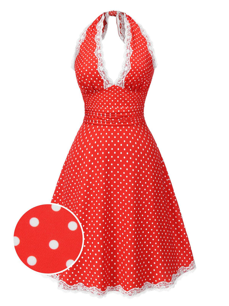 [Vorverkauf] Rot 1950er Polka Dots Plissiertes Spitze Halter Kleid