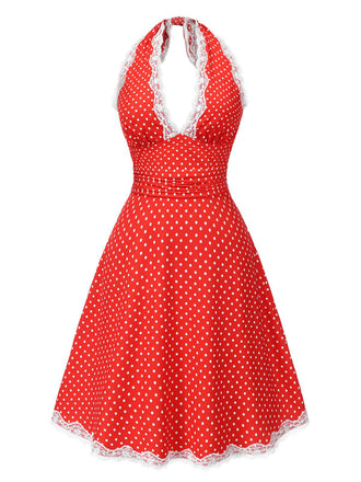 [Vorverkauf] Rot 1950er Polka Dots Plissiertes Spitze Halter Kleid