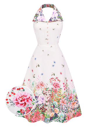 Weiß 1940er Blumen Revers Spleißen Kleid