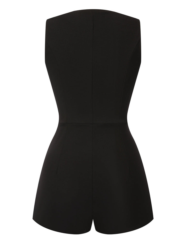 Schwarz 1950er Surplice V-Ausschnitt Ärmellos Romper