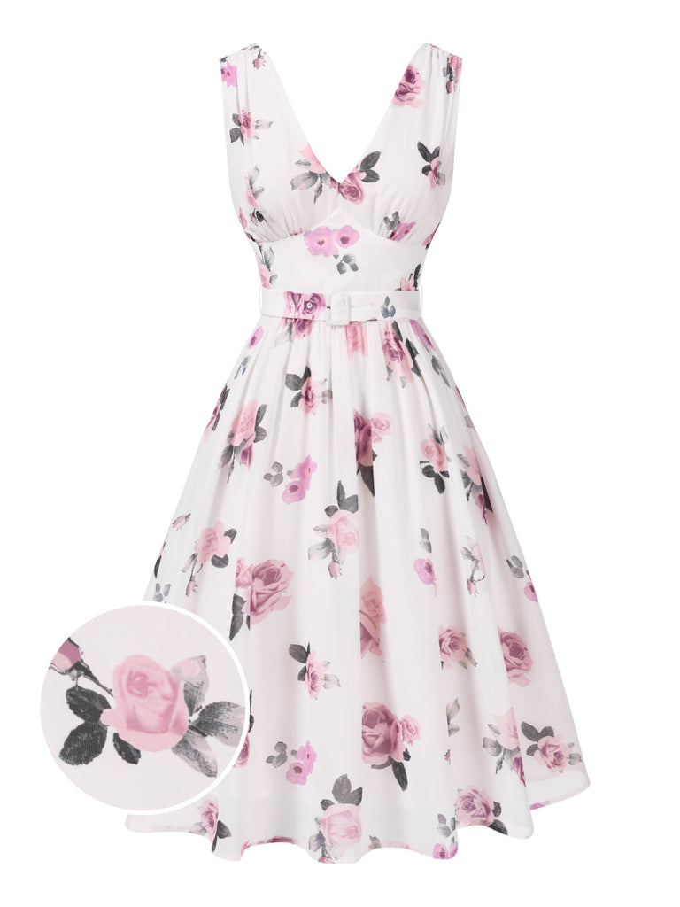 [Vorverkauf] Rosa 1940er Tief V-Ausschnitt Chiffon Rose Kleid