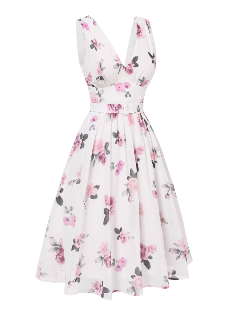[Vorverkauf] Rosa 1940er Tief V-Ausschnitt Chiffon Rose Kleid