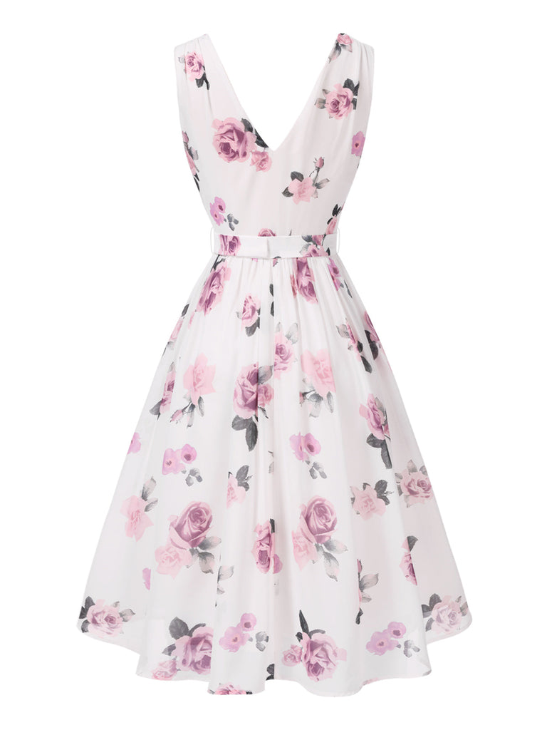 [Vorverkauf] Rosa 1940er Tief V-Ausschnitt Chiffon Rose Kleid