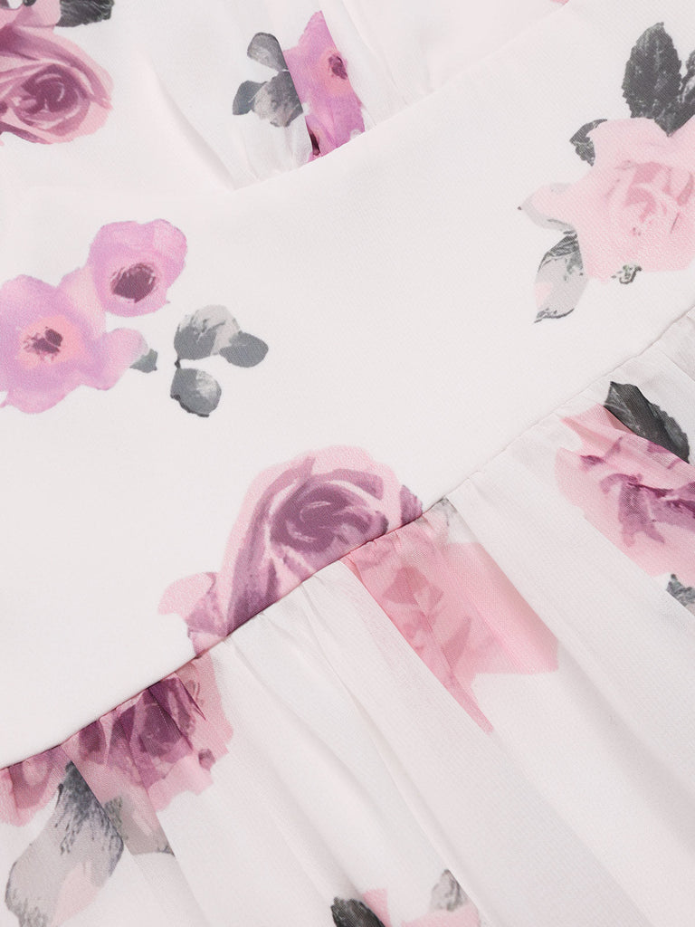 [Vorverkauf] Rosa 1940er Tief V-Ausschnitt Chiffon Rose Kleid