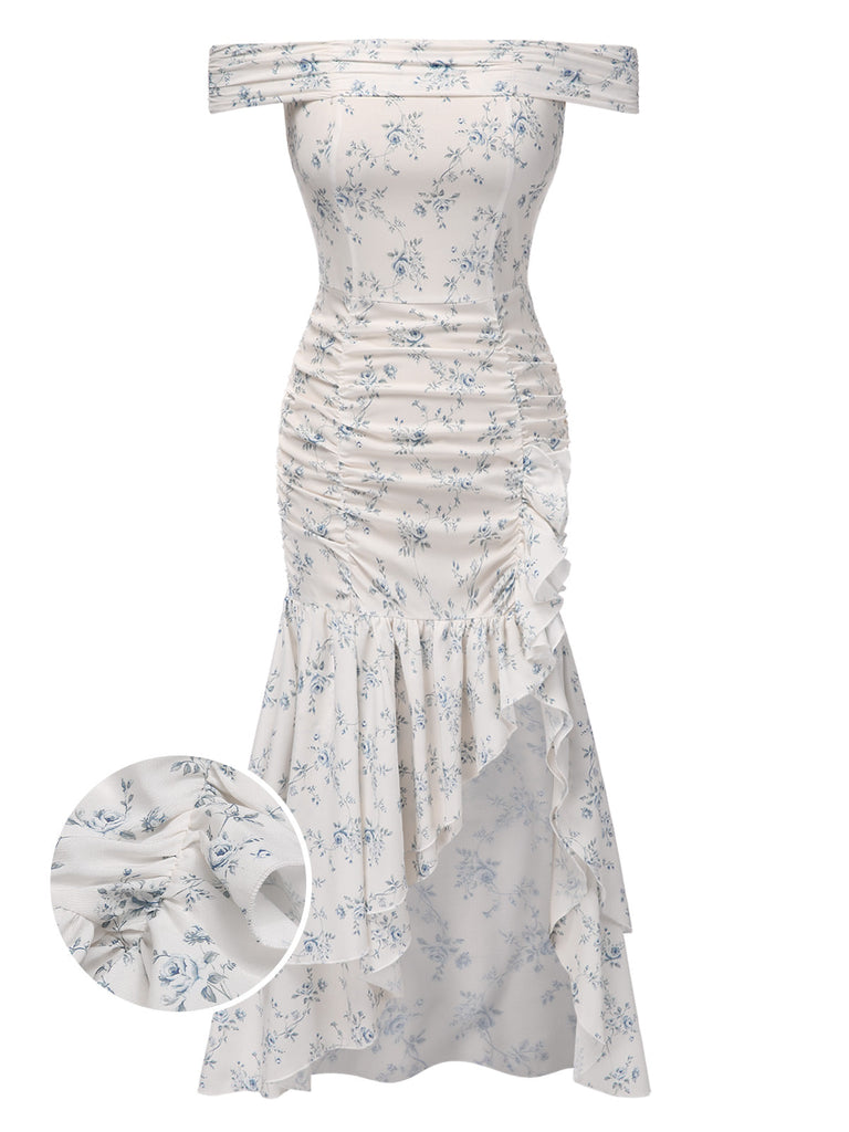 Blau 1930er Schulterfrei Blumen Rüschen Kleid