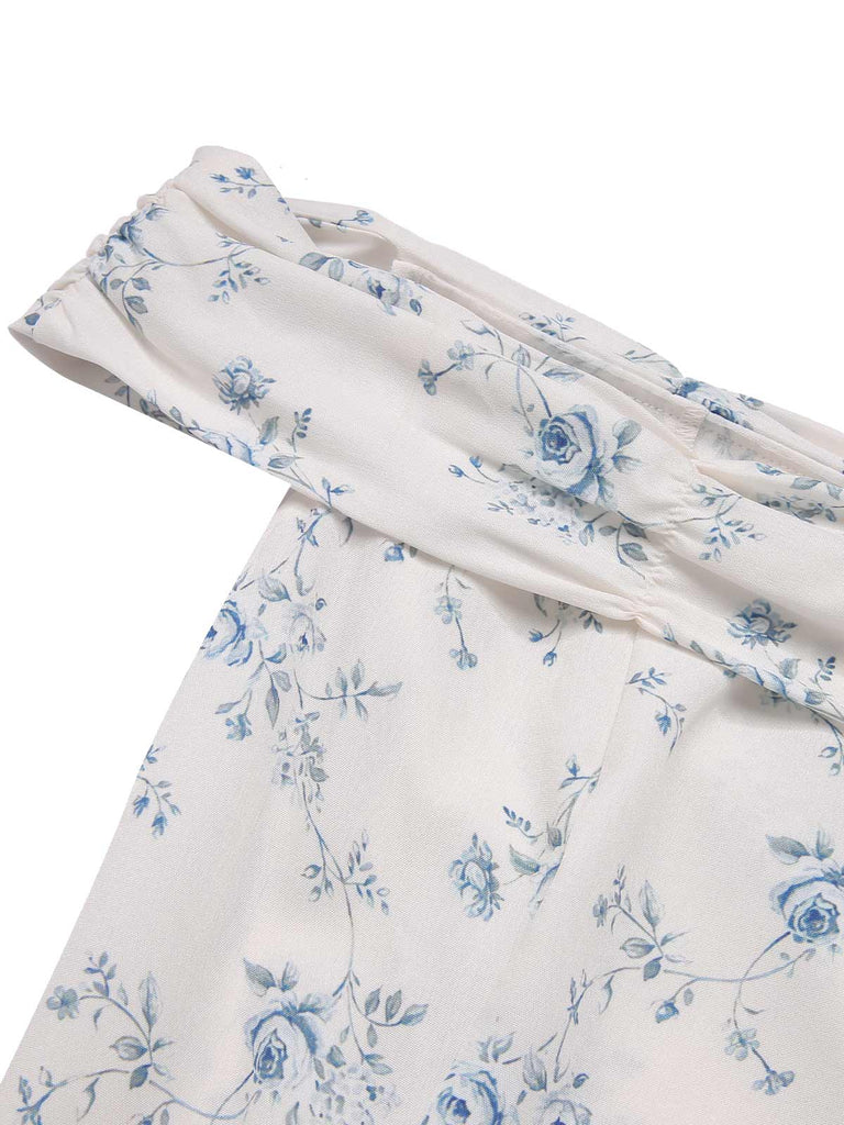 Blau 1930er Schulterfrei Blumen Rüschen Kleid