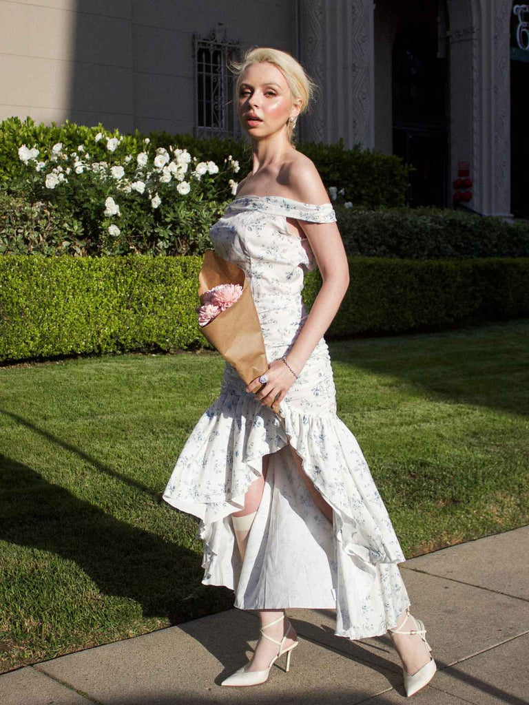 Blau 1930er Schulterfrei Blumen Rüschen Kleid