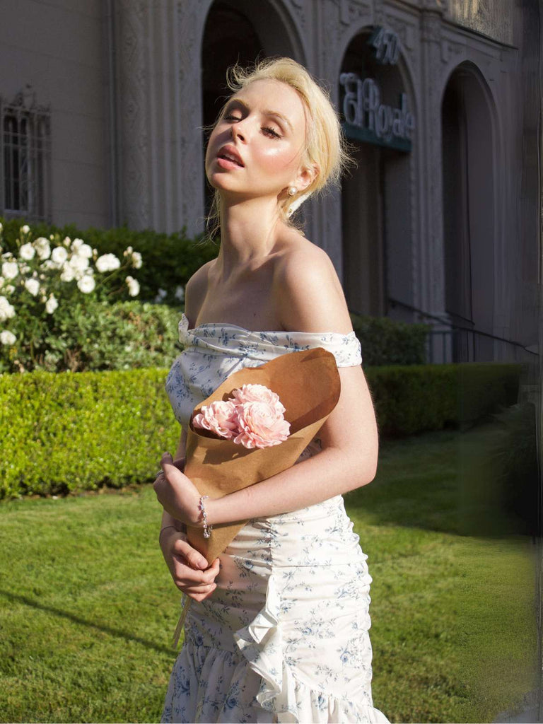 Blau 1930er Schulterfrei Blumen Rüschen Kleid