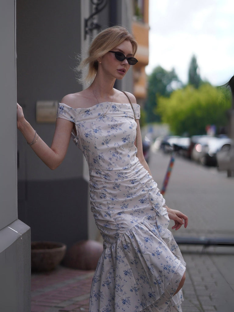 Blau 1930er Schulterfrei Blumen Rüschen Kleid