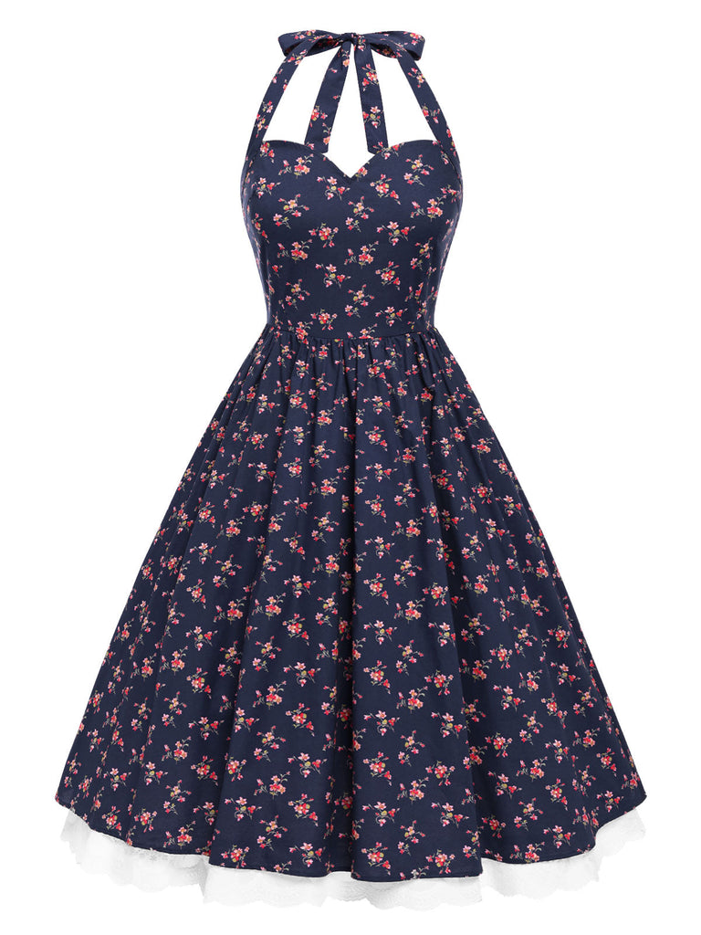 [Vorverkauf] Blau 1950er Halter Spitze Baumwolle Blumen Kleid