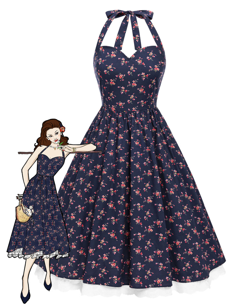 [Vorverkauf] Blau 1950er Halter Spitze Baumwolle Blumen Kleid