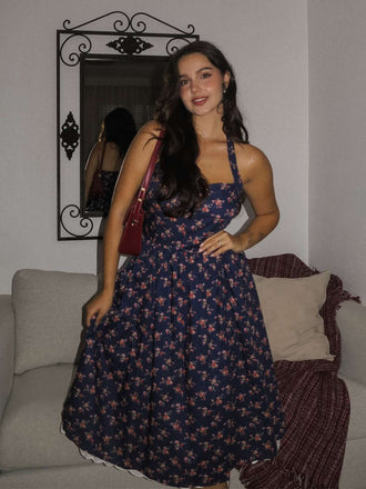 [Vorverkauf] Blau 1950er Halter Spitze Baumwolle Blumen Kleid