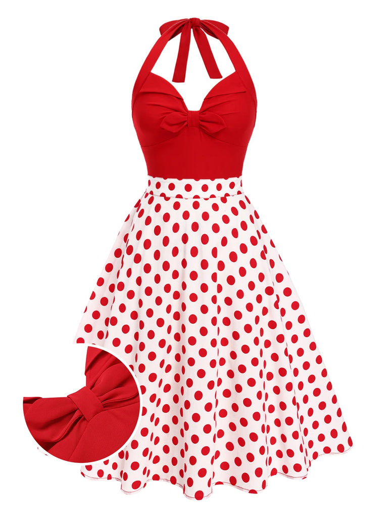 Rot 1950er Halter Patchwork Polka Dots Kleid