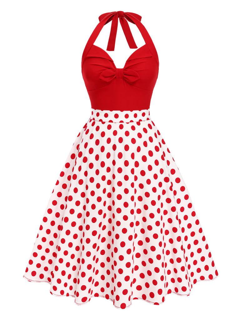 Rot 1950er Halter Patchwork Polka Dots Kleid