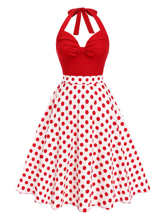 Rot 1950er Halter Patchwork Polka Dots Kleid