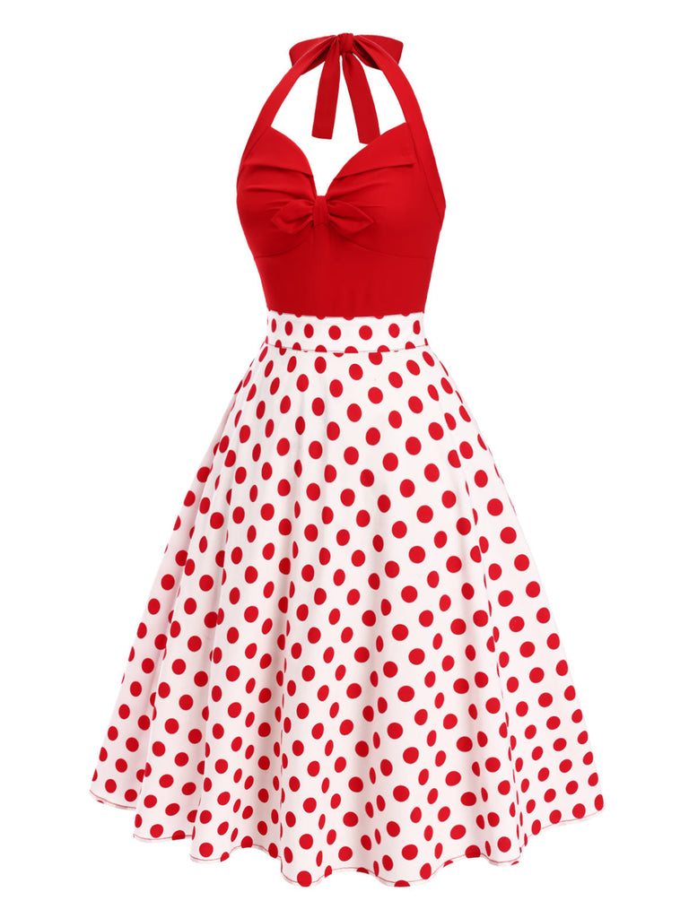 Rot 1950er Halter Patchwork Polka Dots Kleid