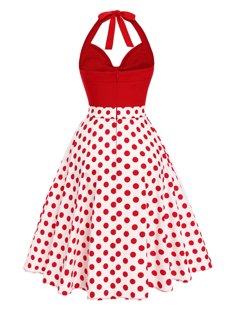 Rot 1950er Halter Patchwork Polka Dots Kleid